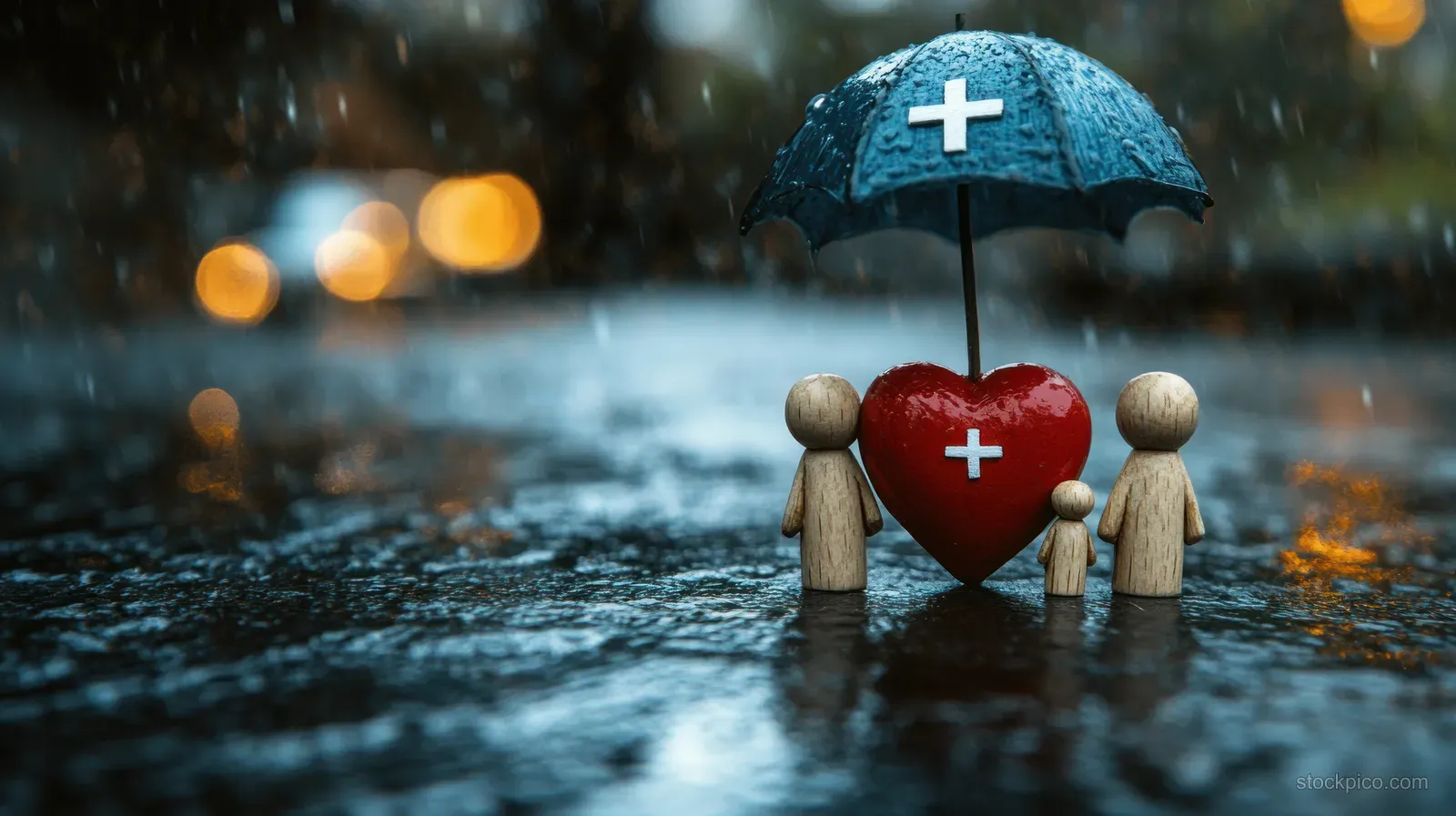 Three small family figures stand under a lit umbrella in pouring rain with red and blue medical icons.