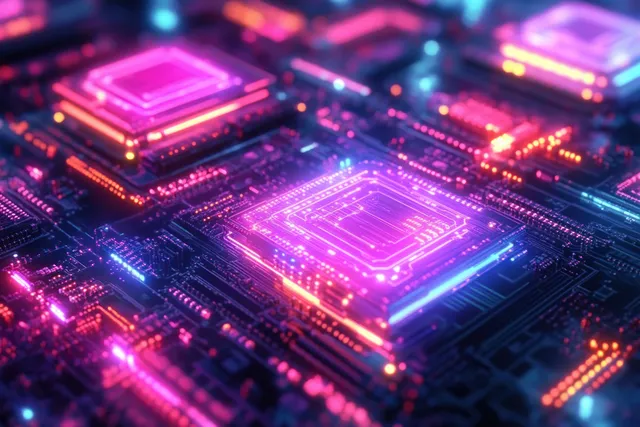 A close-up of a dark circuit board illuminated by neon pink, purple, blue, and orange lights, showcasing advanced electronic design.