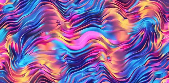 Psychedelic neon wavy abstract pattern with rainbow swirls and grainy texture background