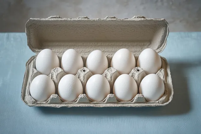 Ten white eggs sit in an open cardboard egg carton on a light blue surface with soft natural light.