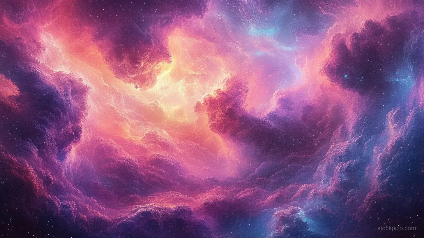 Swirling pink purple blue orange nebula clouds glow across deep outer space with faint stars.