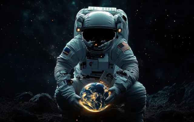 Astronaut in a space suit holds a glowing Earth planet while floating in a dark starfield.