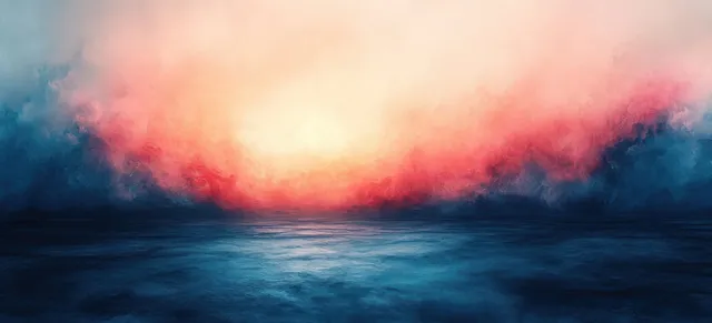 Soft blue and peach gradient background with dreamy cloud haze and subtle grain texture