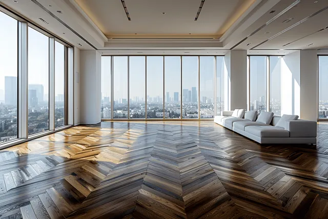 Bright minimalist room with parquet herringbone floor and large windows showcasing a panoramic city skyline.