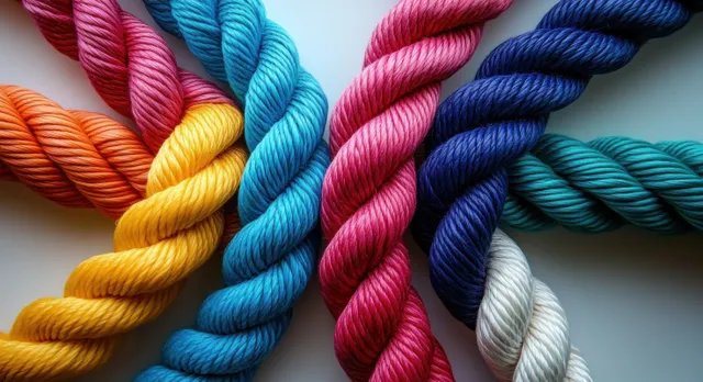 Thick twisted ropes in orange, yellow, blue, pink, navy, teal, and white are arranged side by side on a smooth surface.