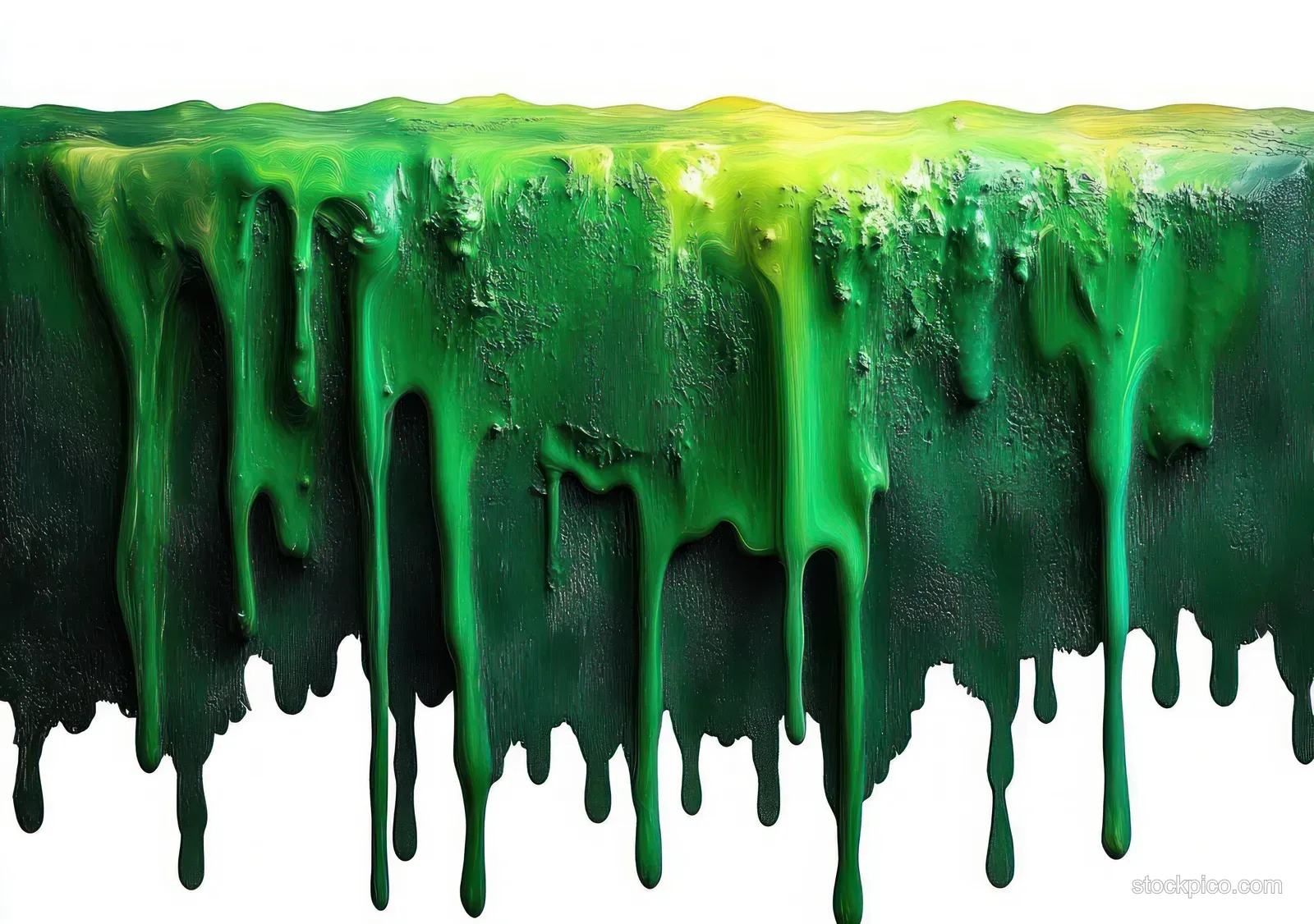 Thick green and yellow paint melts and drips down a dark textured surface with glossy paint streaks.