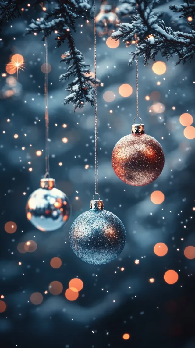 Shiny red and gold Christmas baubles hang from snowy branches with warm glowing lights in the background.
