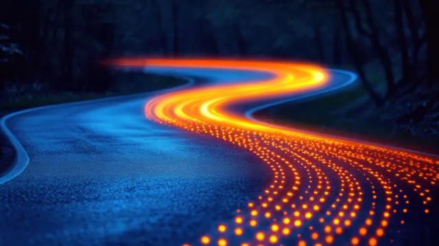 Long-exposure light trails curve along a wet night road beside dark trees.