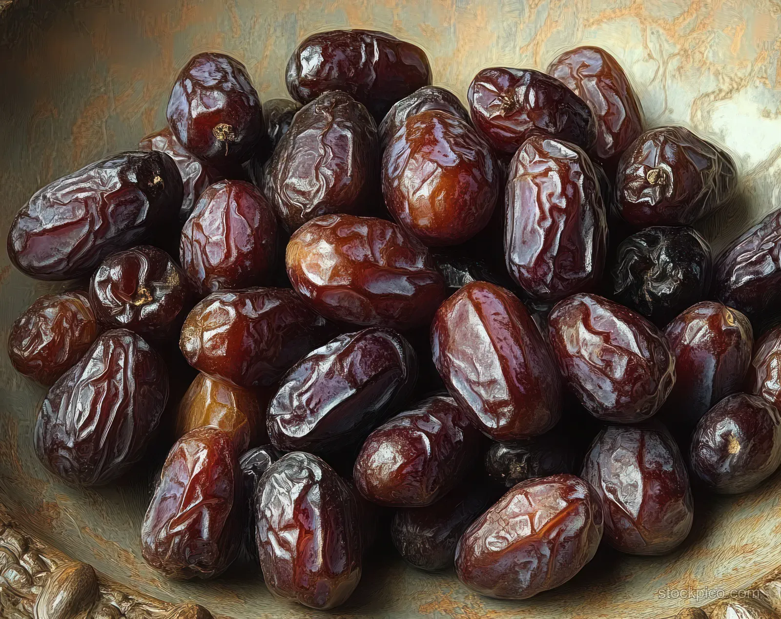 Glossy wrinkled dark dates piled in a golden textured bowl in a close-up view.