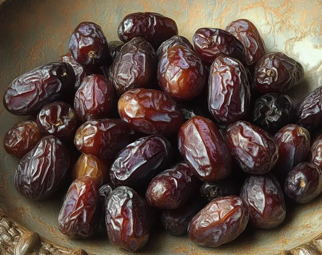 Glossy wrinkled dark dates piled in a golden textured bowl in a close-up view.