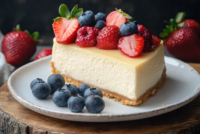 Creamy cheesecake slice on a white plate topped with blueberries and strawberry slices beside extra berries on a wooden surface.