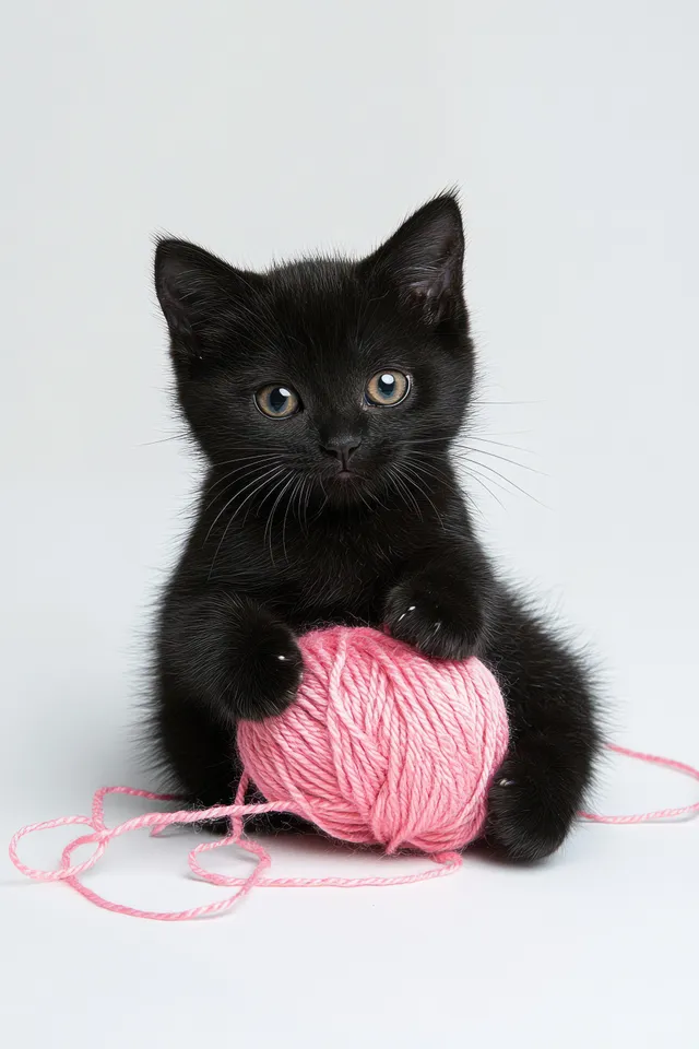 Black kitten sitting on white background while playing with a pink yarn ball.