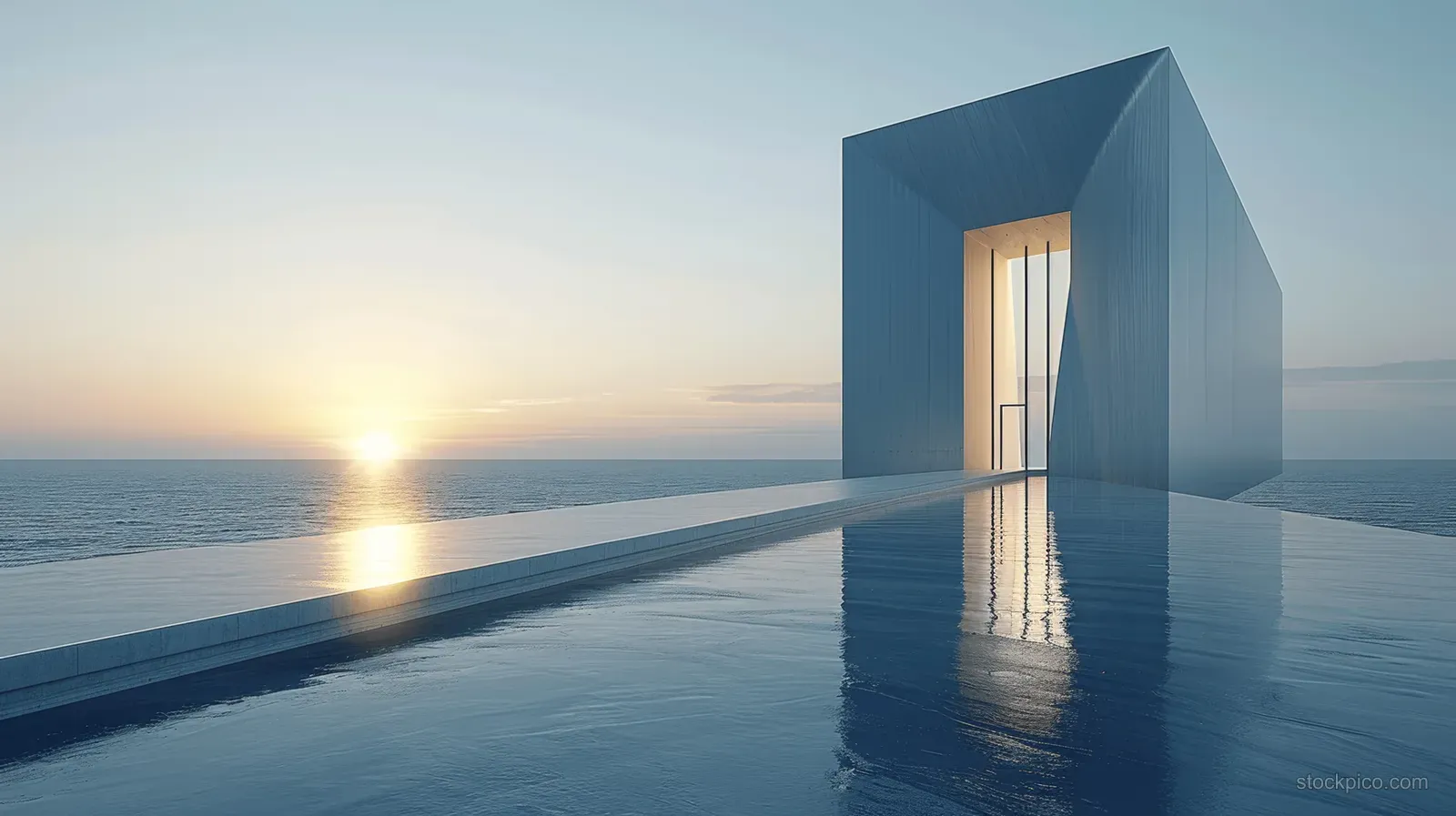 Minimalist white building with a glass entrance beside calm ocean, sunrise light reflecting on the floor.