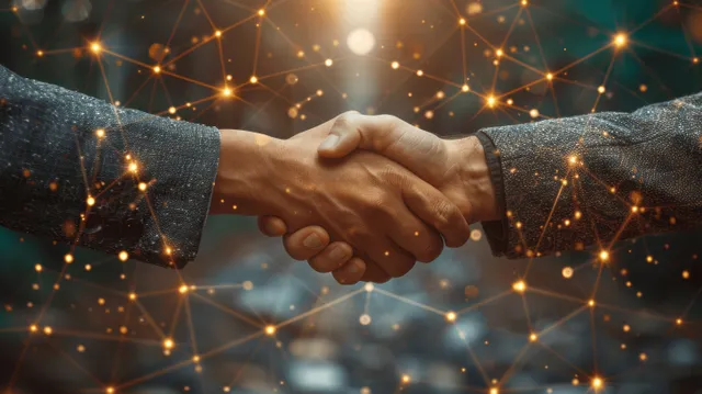 Two people handshake with glowing network lines and a subtle global finance graph in the background.