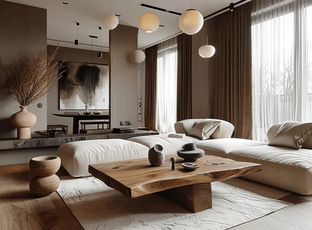 Beige sofa and wooden coffee table sit in a Japandi living room with pendant lights and dark brown curtains.