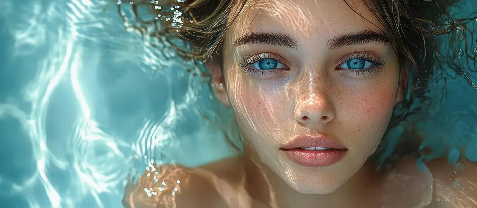 Young woman underwater with blue eyes and sunlight reflections shining across her face in clear blue water.