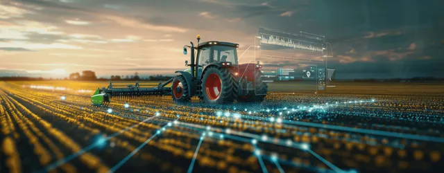 Irrigation tractor with a glowing digital display sprays crops across a sunset field with bright data-like overlay lines.