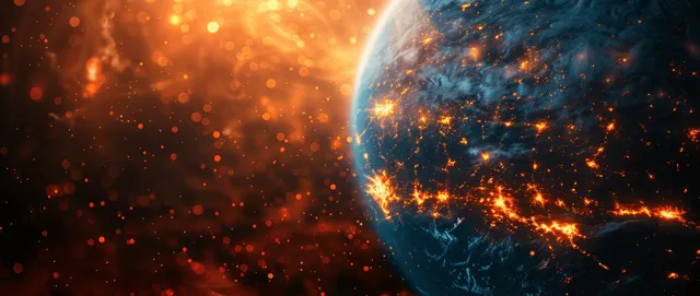 A glowing Earth shows network lines and bright America connectivity nodes surrounded by digital data sparks.