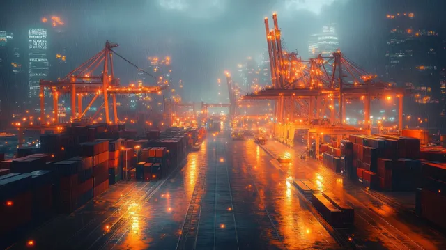 Illuminated container cranes and stacked shipping containers on a wet dock at rainy night.
