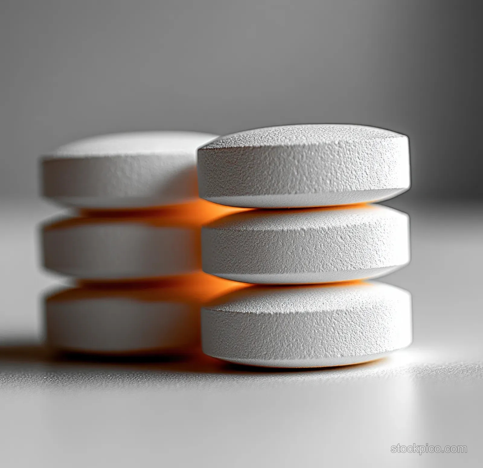 Three soluble multivitamin tablets sit stacked on a white background in a sharp macro closeup.