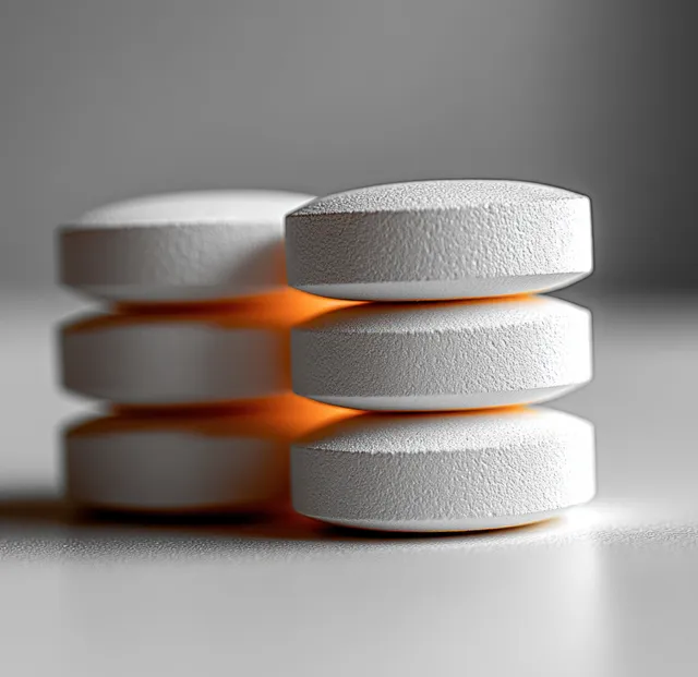 Three soluble multivitamin tablets sit stacked on a white background in a sharp macro closeup.