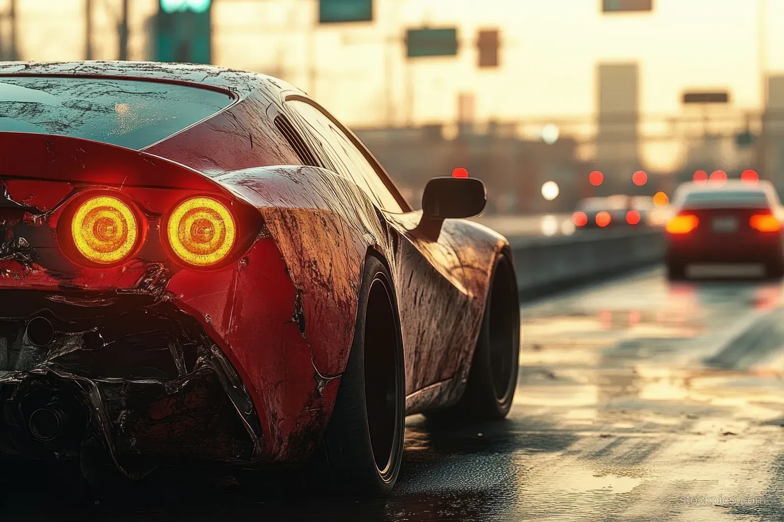 Damaged red sports car with glowing taillights on a wet street at sunset, blurred traffic in the background.
