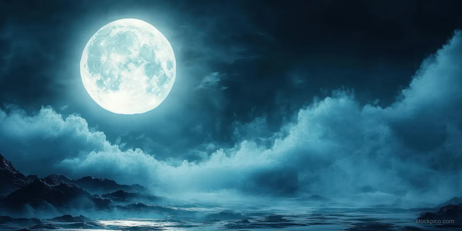 Full moon lights a misty ocean cliff with fog swirling across dark rocks and cloudy night sky.