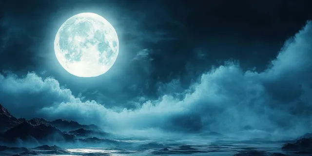 Full moon lights a misty ocean cliff with fog swirling across dark rocks and cloudy night sky.