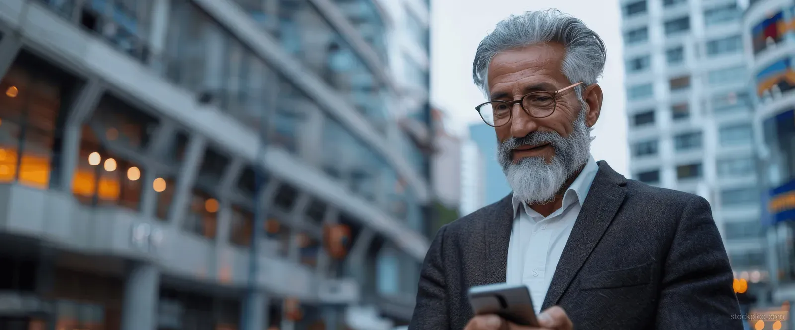 A smiling grey-haired bearded businessman in a suit holds a smartphone while standing on a downtown street near skyscrapers.