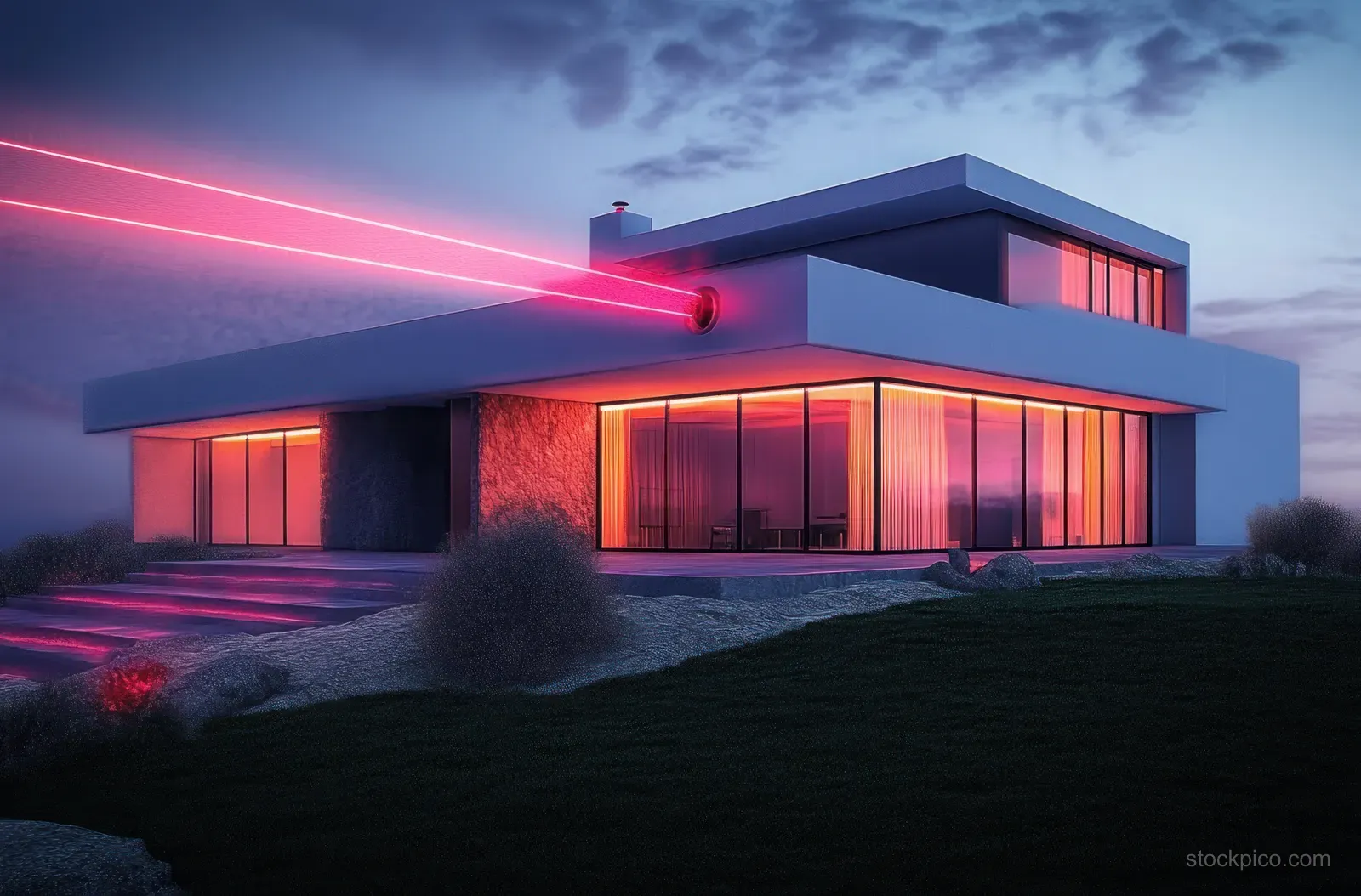 A futuristic house exterior at night with red surveillance light streaks, glowing windows, and camera-like details.