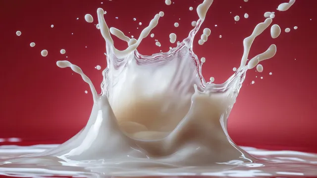 White milk splash erupts with droplets suspended mid-air against a vivid red background.