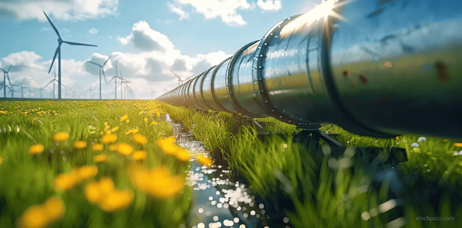 A futuristic hydrogen pipeline curves through a grassy field with wind turbines and sunlight in the background.