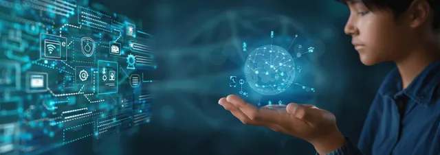 Student using hand gestures beside glowing AI learning interface in dark cyber space