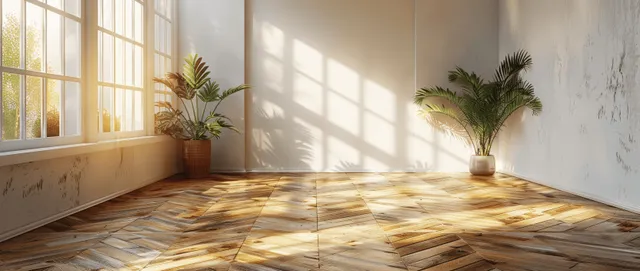Empty minimalist studio interior with wooden floor, white walls, large windows, and potted plants in warm sunlight.
