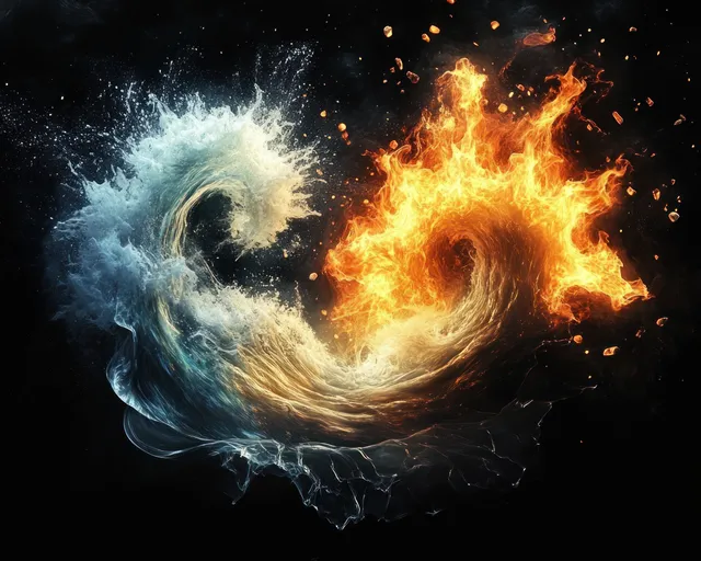Fire and water swirl together in a glowing circular shape with sparks and smoke against a dark background.