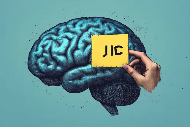 A hand presses a yellow “JIC” sticky note onto a blue anatomical brain illustration on a teal background.