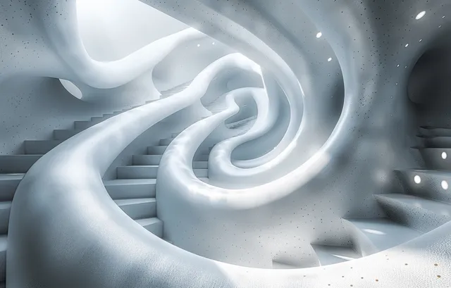 Curving white spiral staircase inside a gray minimalist architectural space