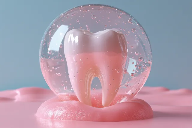 A tooth and gums are enclosed in a soap bubble with small droplets on a pastel pink background.