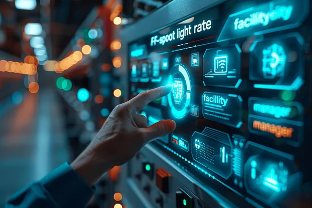 An engineer supervisor gestures at a glowing real-time facility monitoring screen in an industrial control room.