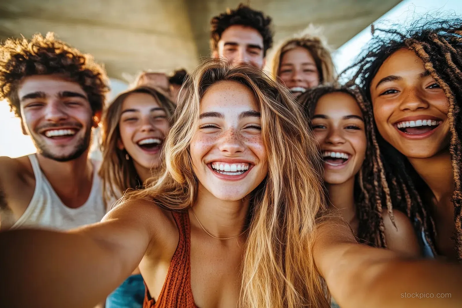 Seven friends take a close-up selfie outdoors, smiling under bright natural sunlight.