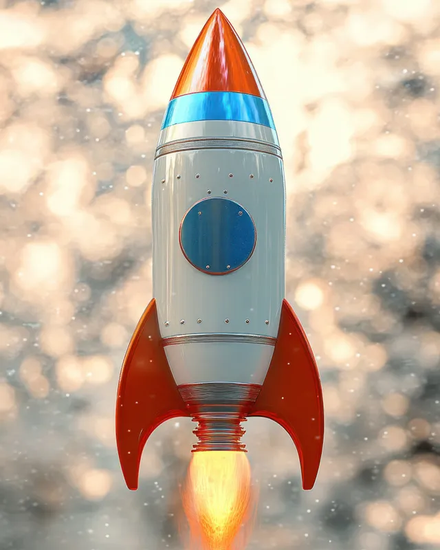 Retro rocket with red fins launches upward with a bright flame against a blurred sparkling background.