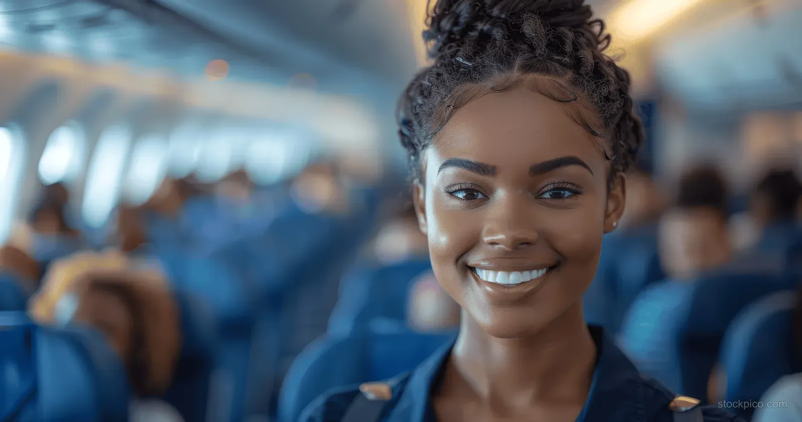 Smiling African American flight attendant in uniform standing between blue airplane seats while passengers blur in the background.