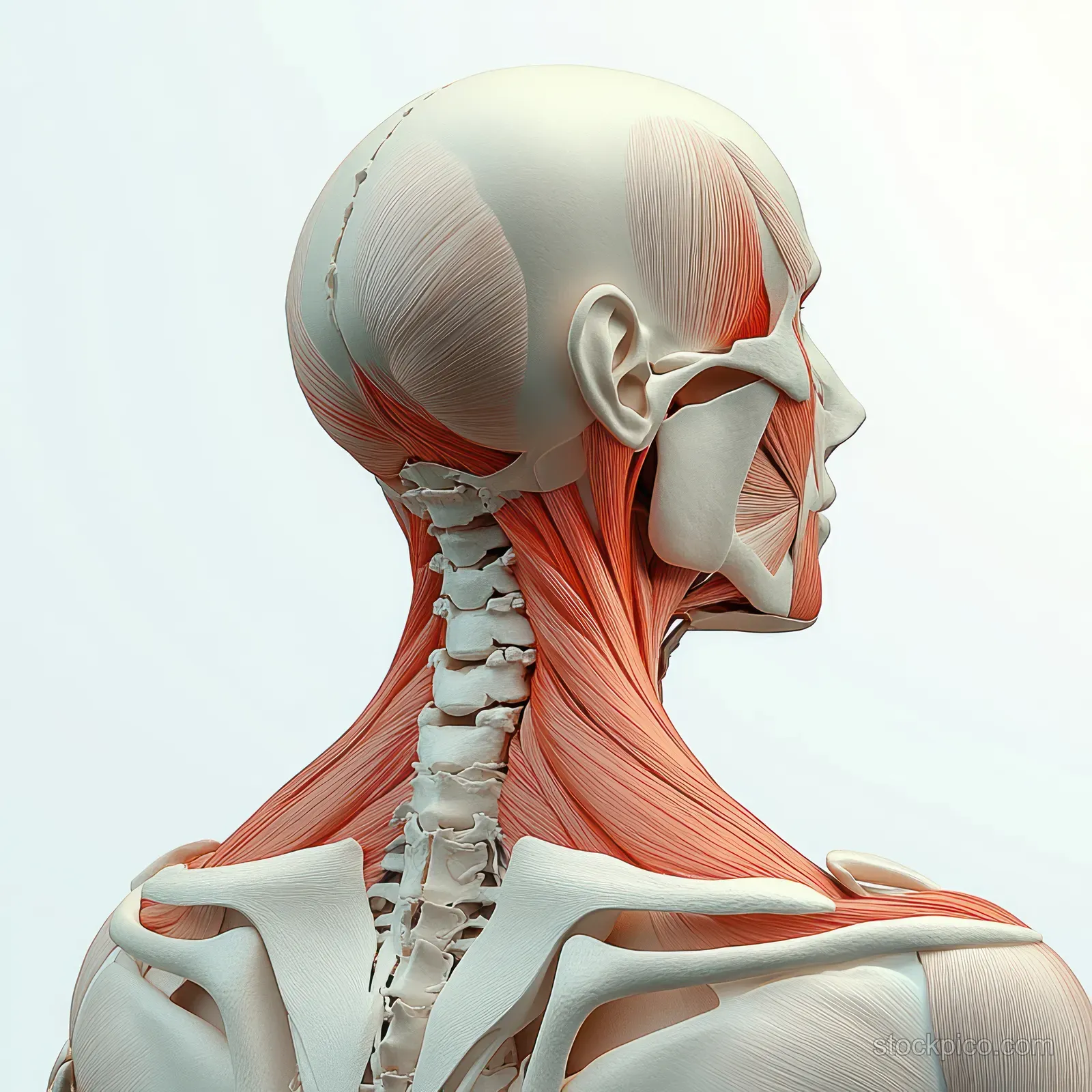 Anatomical rear-view figure with highlighted trapezius and neck muscles over a skeletal framework.