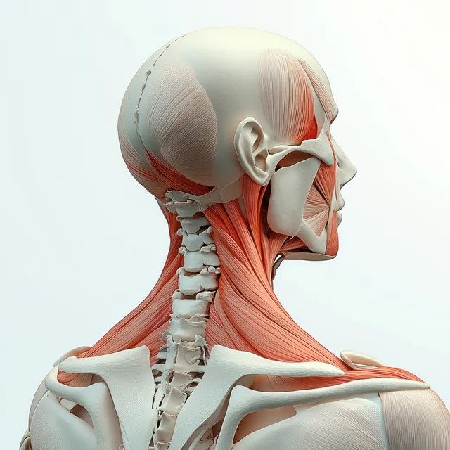 Anatomical rear-view figure with highlighted trapezius and neck muscles over a skeletal framework.
