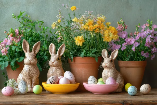 Three ceramic rabbits sit beside pastel eggs and flowering terracotta pots on a wooden table.