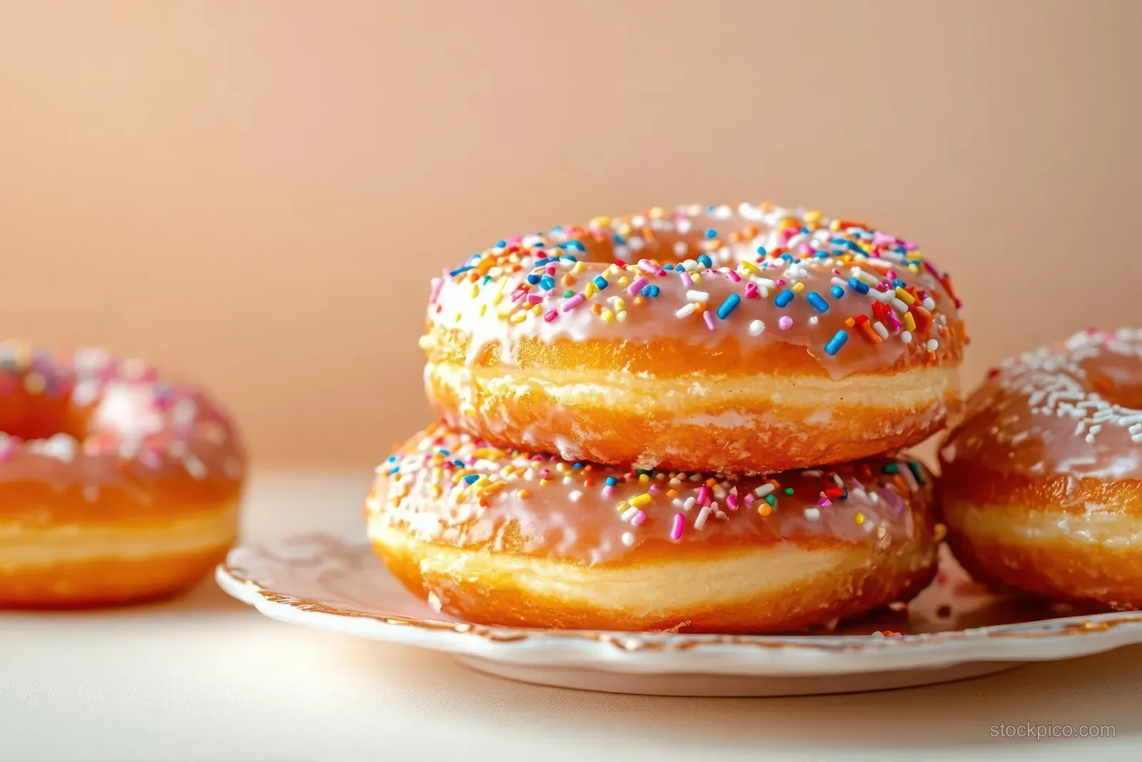 Three glazed donuts with colorful sprinkles stacked on a plate against a soft beige background.