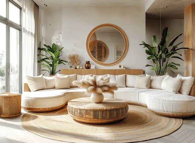 Beige curved sofa and rattan chairs sit in a bright coastal living room beneath a circular wall mirror.