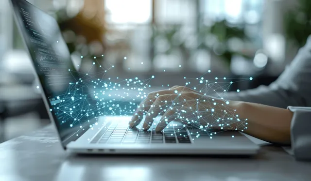 A businesswoman types on a laptop while holographic workflow nodes connect in the air.