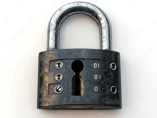 Black combination padlock close-up against white background with rusted metal texture
