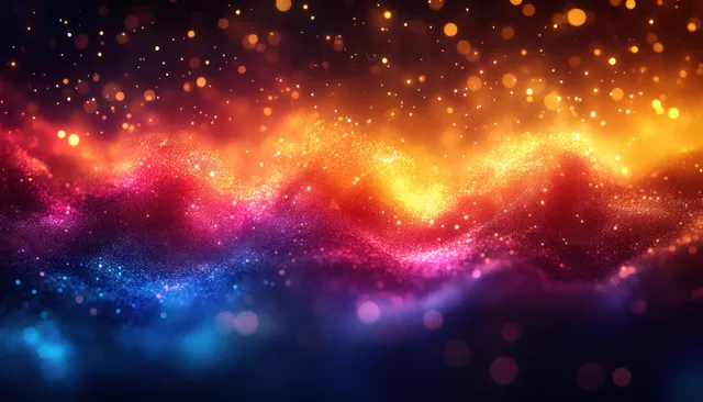 Dreamy rainbow bokeh lights with warm golden glow across a blurred cosmic background